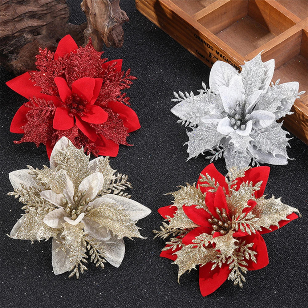 Artificial Flowers with Glitter for Christmas Tree
